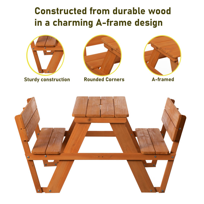 Rustic Fir Wood Kids Picnic Table Bench with Backrest