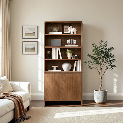 Dulane 71"H×32"W Modern 6-Tier Bookcase with 2 Doors & Adjustable Shelves & Rounded Edges,Brown
