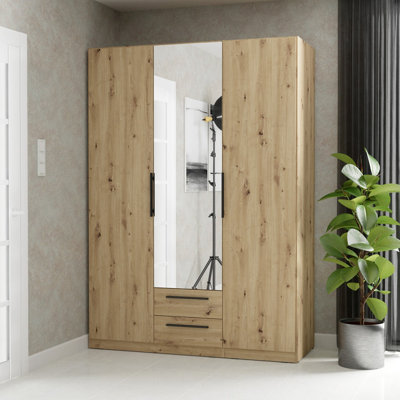 Charlsea 3 Door Mirrored Wardrobe with 2 Drawers in Artisan Oak, 151 cm