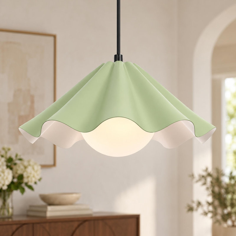 1-Light Dimmable Gray-Green Scalloped Petal Metal Pendant Light, Grey Green