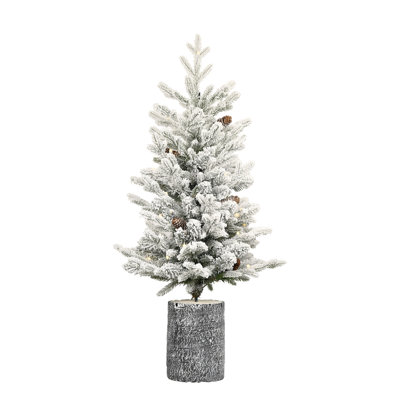 Pre-lit Flocked Potted Artificial Christmas Tree with Pine Cones and Warm LED Lights
