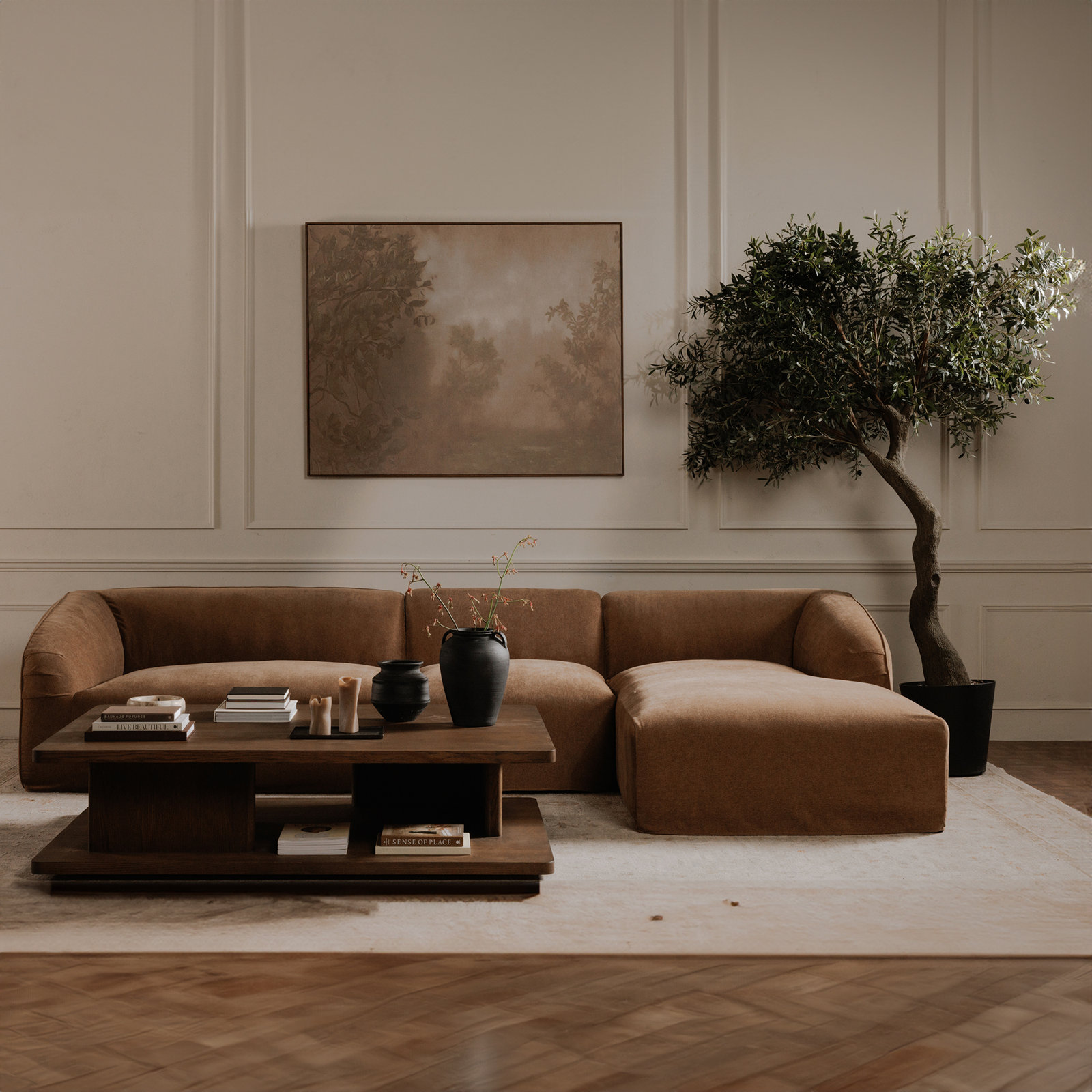 Andre Oak Coffee Table, Dark Brown, 16" H x 64" L x 48" W