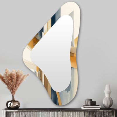 Moderne bleu et or abstrait I - grand miroir mural asymétrique transitionnel, miroir unique de forme irrégulière moderne, impression d'art en métal