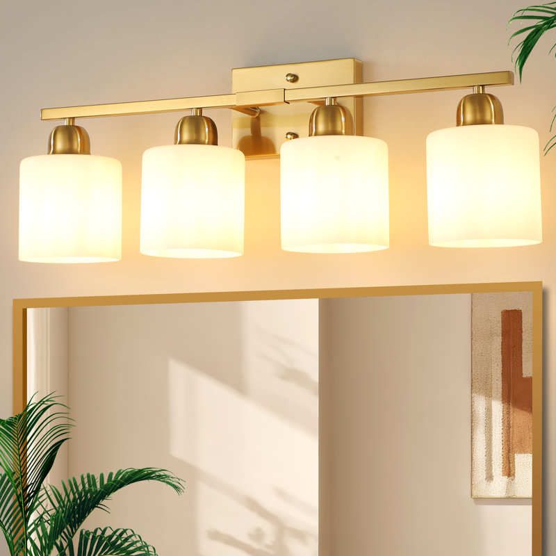  4-Light Dimmable Bathroom Vanity Light with Frosted Milk Glass Shades, Gold, 4 Lights