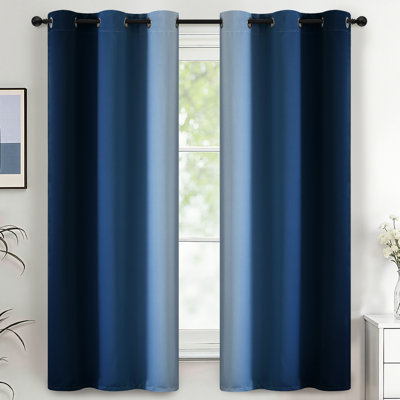 Ombre Blue  Thermal Insulated Curtains, Grommet Top Gradient Window Drapes 2 Panels