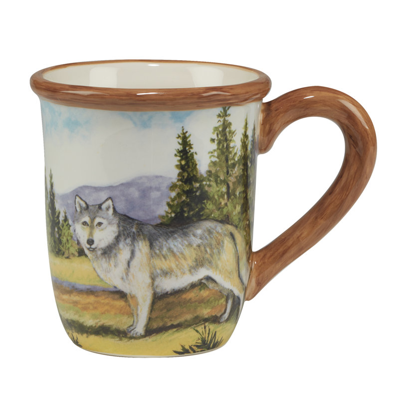Rustic Wildlife Ceramic Mugs Set with Hand Painted Woodgrain Rims