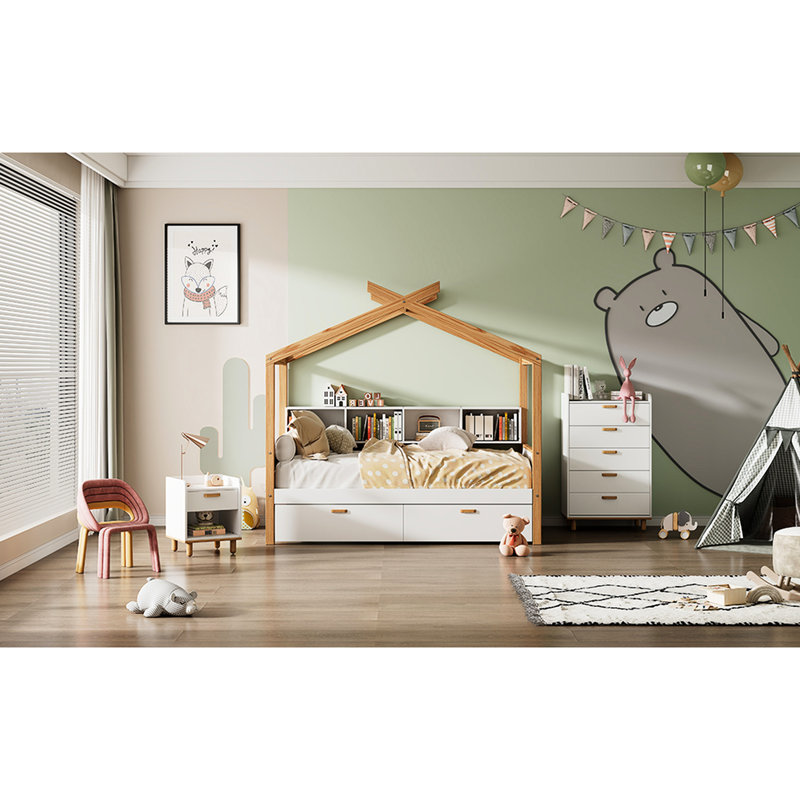 Lit simple en bois simple, blanc avec finition en bois naturel - 2 tiroirs et 4 étagères pratiques pour le décor de la chambre