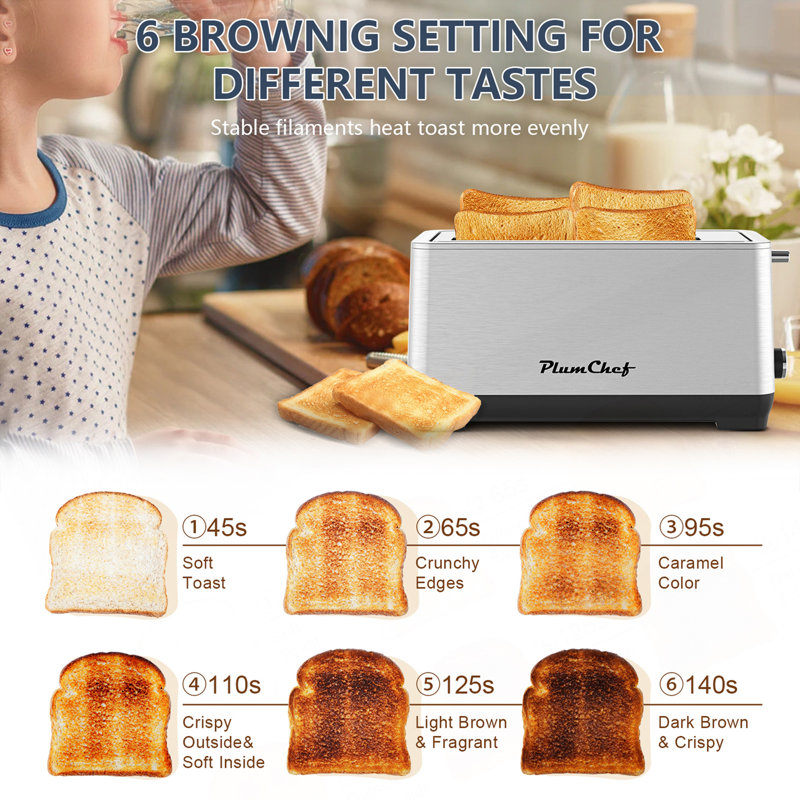 4-Slice Extra Wide Long Slot Toaster ,Stainless Steel , Removable Crumb Tray, 6 Browning Settings & Bagel/Defrost/Reheat Functions,Stainless Steel 1500W