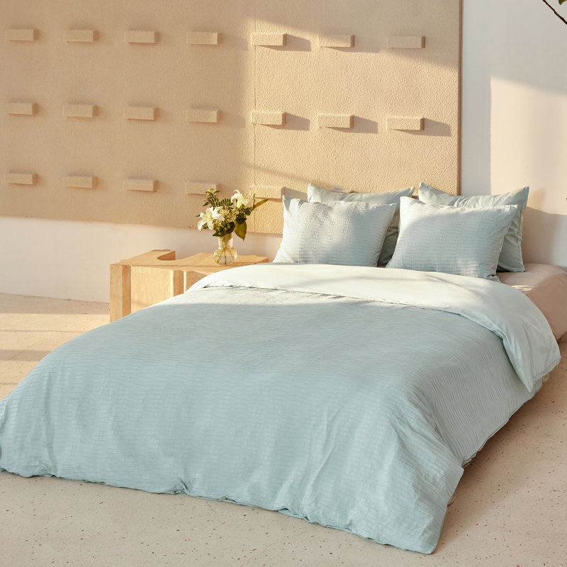King Size Cotton Duvet Cover Set of 5 with Pintucked Jacquard, 300 Thread Count 100% Cotton, Misty Blue, Bundle of Duvet Cover Pillow Shams and Pillow Cases