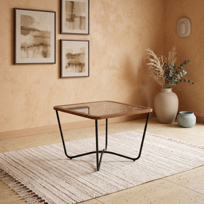 Modern Industrial Coffee Table with Geometric Glass Top and Metal Frame