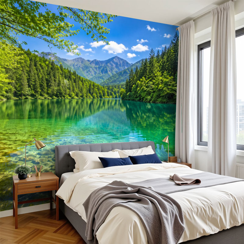 Papier peint adhésif auto-adhésif moderne pour la chambre à coucher avec fond de lac Evergreen