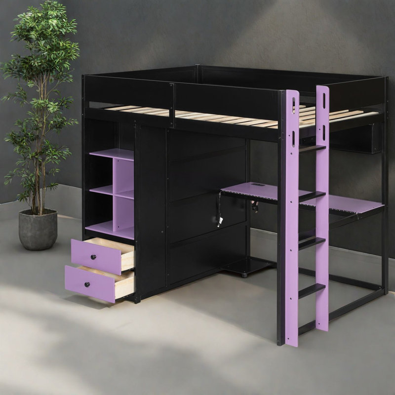 Lits doubles multifonctionnels avec rangement, style loft moderne en bois MDF pour la maison, Noir 2