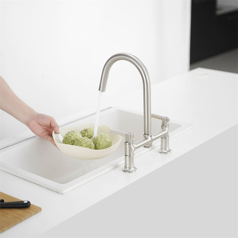 Robinet de cuisine pont avec bec rotatif et évier 2 trous pour robinet de cuisine en laiton, Nickel brossé