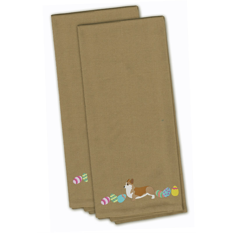 Serviette de cuisine à thé brodé corgi pâques, Brun clair, H 28 po x l 19 po x P 0,1 po