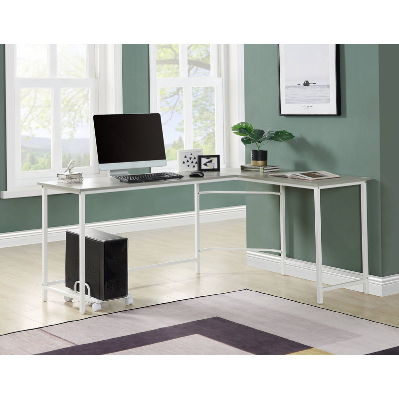 Bureau d'ordinateur en L Bambina à finition grise et blanche avec bord biseauté et rangement mobile, parfait pour les petits espaces et les postes de travail modernes.