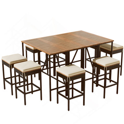 Table de bar d'extérieur en bois d'acacia 10 pièces et huit tabourets avec coussins, rotin PE
