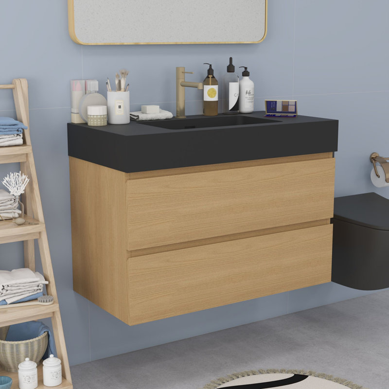 Meuble-lavabo moderne avec lavabo, Noir, noir, noir, noir, Chêne naturel