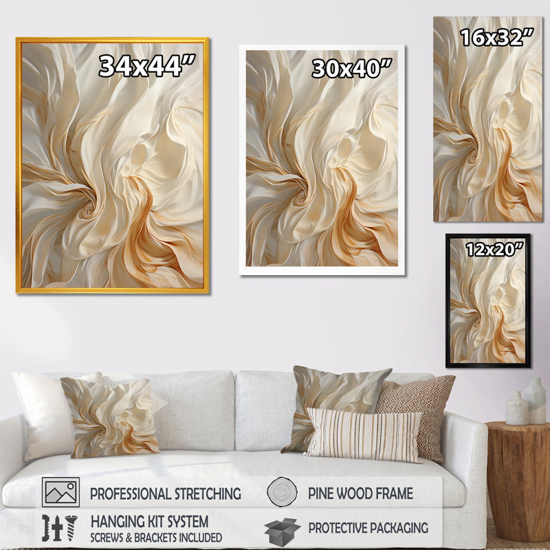 Blanc et champagne Flow IV - Champagne, art mural, Toile tendue, H 32 po x l 16 po x P 1 po