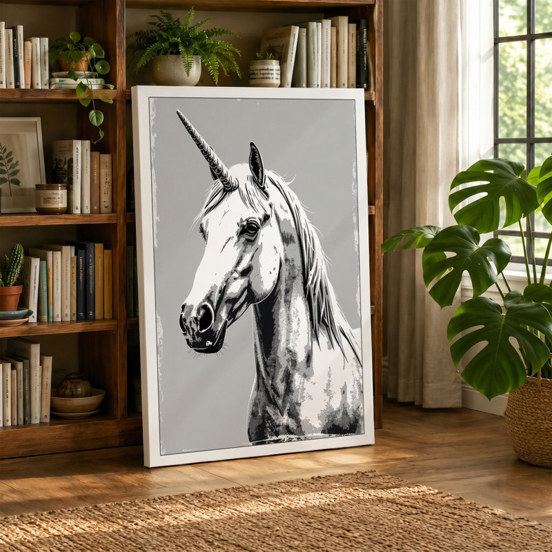 Unicorn in Charcoal Minimalist - Wrapped Canvas, 36x24 - 91.4 x 61.0 cm, Black Border