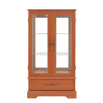 Élégante vitrine lumineuse en chêne foncé, 2 portes, 1 tiroir, tablettes réglables en verre, ampoule incluse pour le salon, le bureau, le bureau et la chambre à coucher