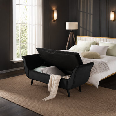 Banc extra-long rétro capitonné, repose-pieds de rangement rembourré en velours avec un design rétro classique de style Mid-Century, tabouret de pieds polyvalent et confortable