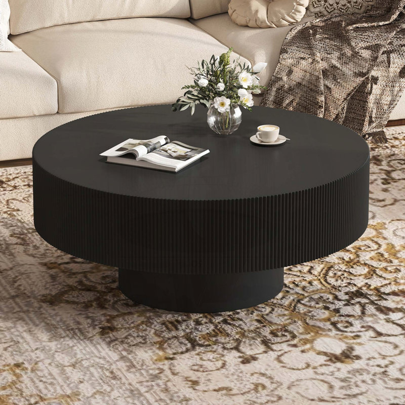 Table basse ronde cannelée avec plateau de table épais de 8,5 po - noir, 35,4 po, Noir