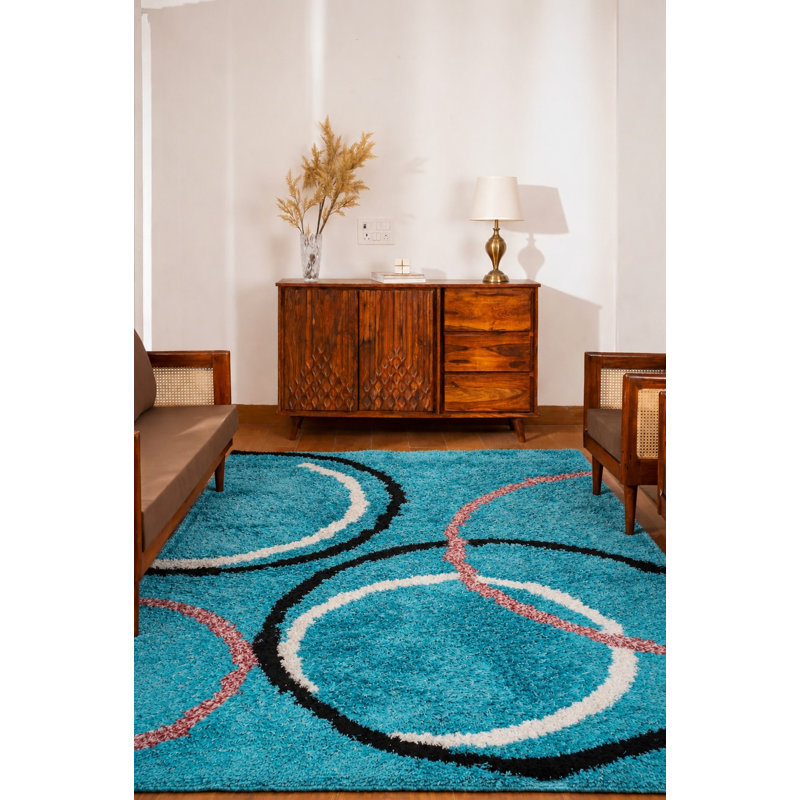 Hand Tufted Shag Polyester Eco-Friendly Area Rugs - Rectangle, Turquoise Color, Geometric Modern Design, High Pile Thick Handmade Anti Skid Area Rugs for Living Room, Bed Room