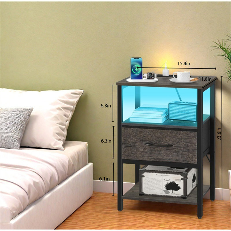 Modern LED Nightstand With Charging Station & Adjustable Fabric Drawer, Gray