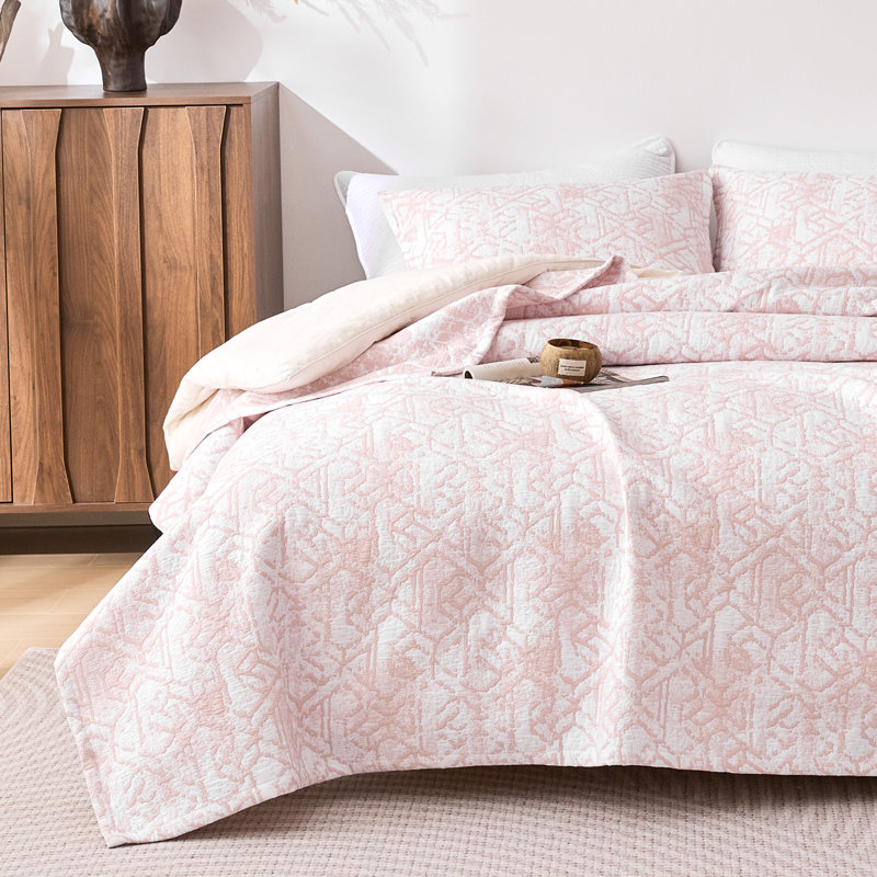 Ensemble de courtepointe en jacquard de coton très grand Sleep Zone 3 pièces pour art abstrait 106 x 96 rose toutes saisons