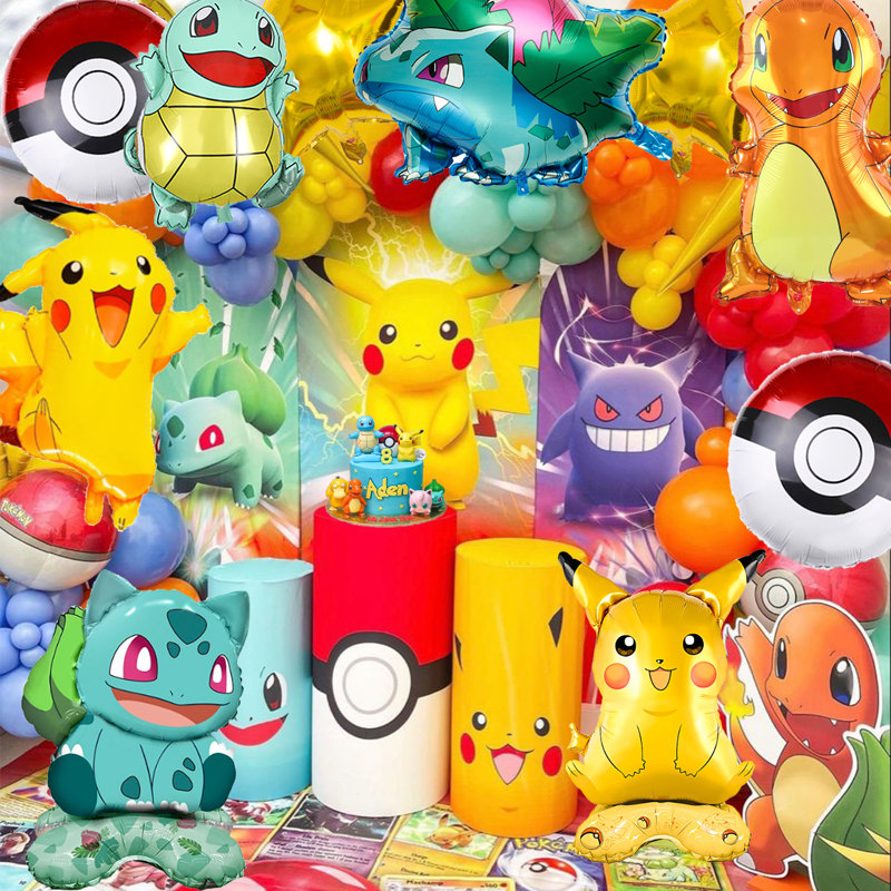 9 pièces de ballons de décoration de fête de pokémon et ballons en aluminium de caractère, fournitures de fête d'anniversaire pour les filles / garçons