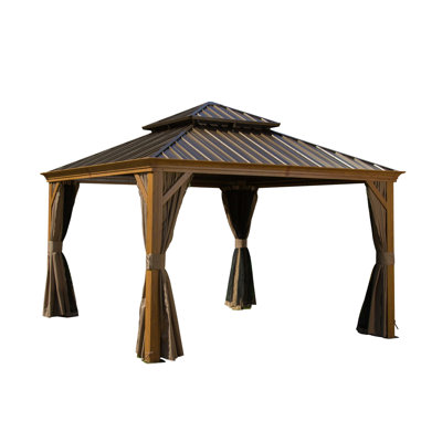 Pavillon de jardin extérieur 12 pi x 12 pi avec double toit en acier galvanisé, structure en aluminium renforcé, aéré pour améliorer la circulation de l'air, rideaux et filet d'intimité sur le pavillon de jardin en métal pour la pelouse de patio, conception résistante aux intempéries, équipé