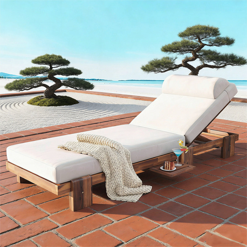 78.8'' Acacia Wood Outdoor Chaise Lounge, Adjustable Recliner with Headrest and Retractable Side Tray for Patio, Poolside, Garden, and Beach