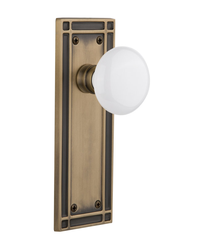 Plaque de mission avec bouton de porte en porcelaine blanche, Laiton antique, 2 3/4 po