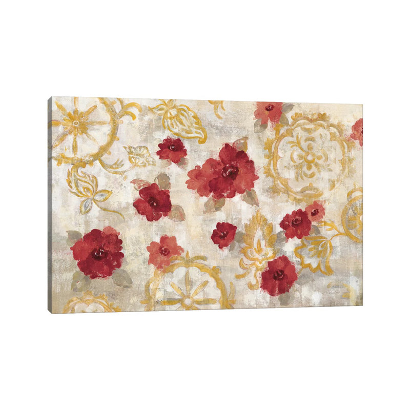 Elegant Fresco Red Gold by Silvia Vassileva - Wrapped Canvas Painting, 20.32 cm H x 30.48 cm W