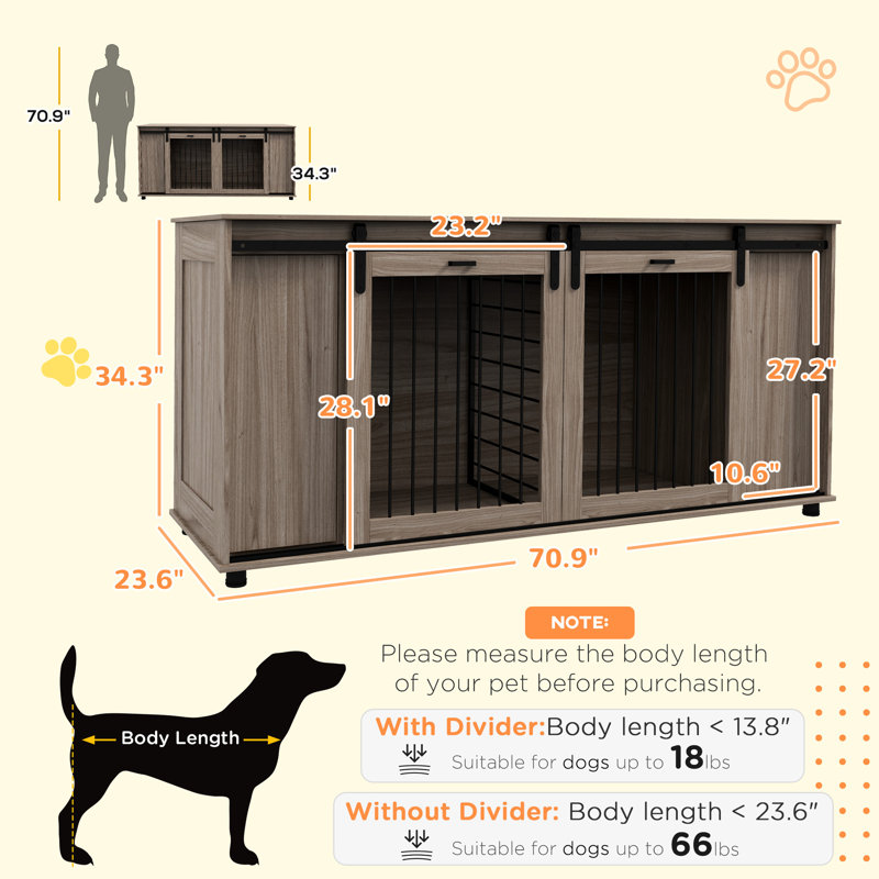 71" Walnut Dog Crate Furniture With Removable Partition For 2 Small Dogs/1 Large Dog, Storage & Double Sliding Doors Table Kennel Furniture, Barrier Different Sized Dogs