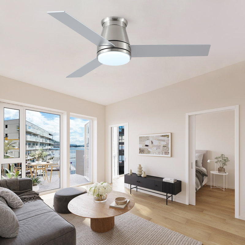Amici Modern 48'' Flush Mount Ceiling Fan with LED Lights and Remote Control, Nickel