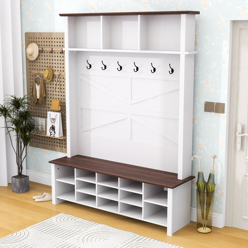 Rustic 4-in-1 Hall Tree with Bench, Shelves, 6 Hooks, Umbrella Rack and Shoe Organizer, White