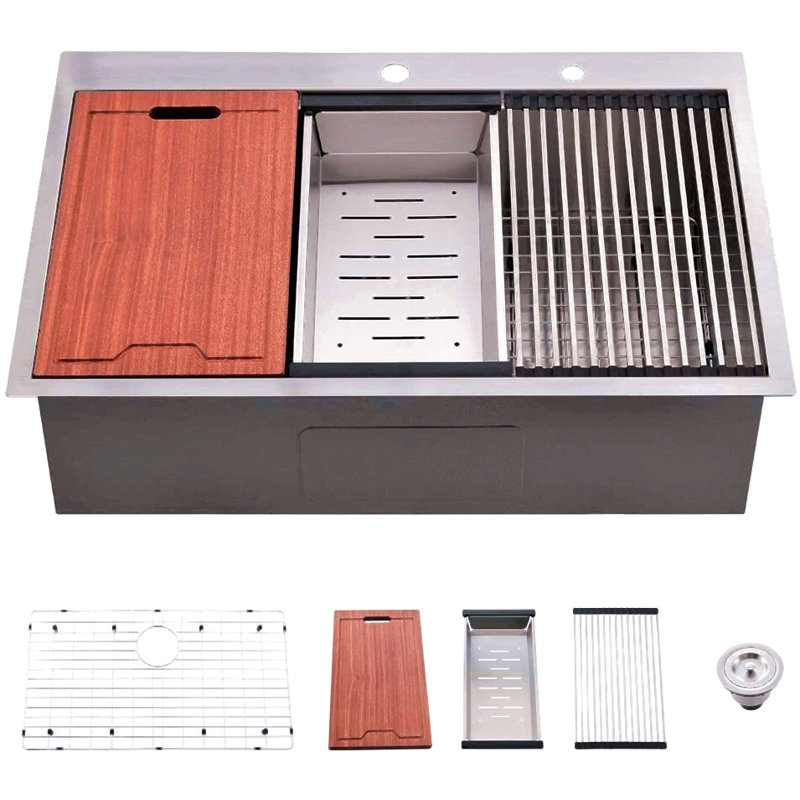 33-Inch Drop-In 16 Gauge Kitchen Sink R10 Radius Stainless Steel Kitchen Sink Single Bowl With Intergrated Ledge & Accessories (Pack Of 5) -33"X22"X10"