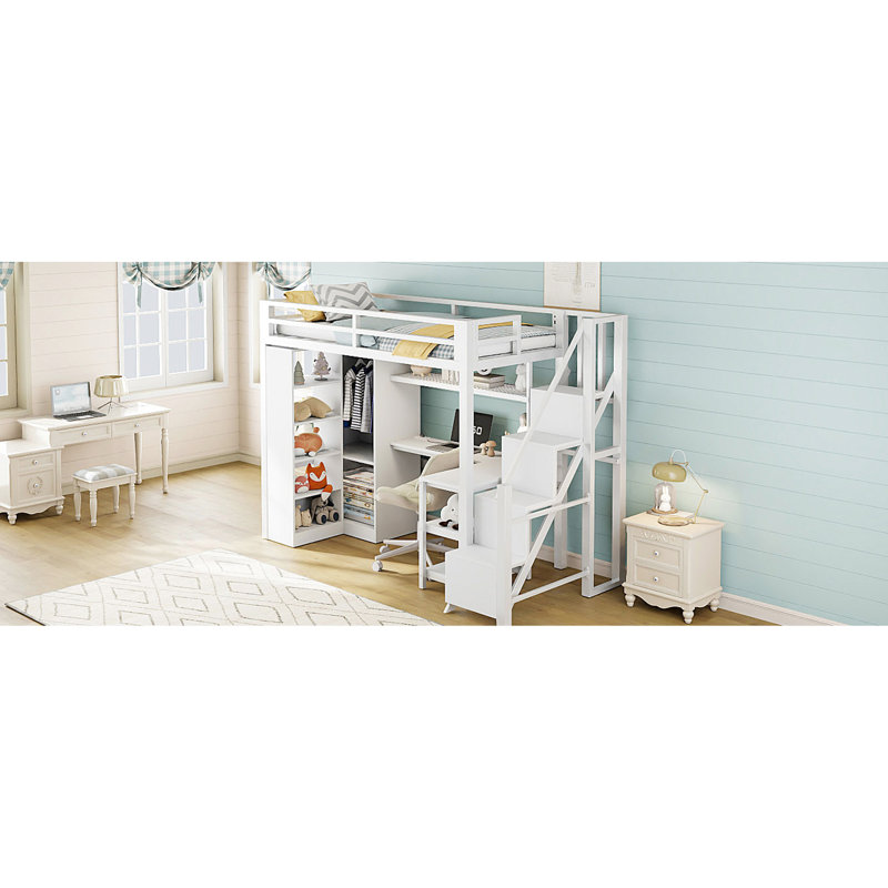 Lit mezzanine simple en métal avec bureau, tablette à 5 couches, ports et garde-robe - blanc pour cadre de chambre à coucher chic, option de bureau pratique