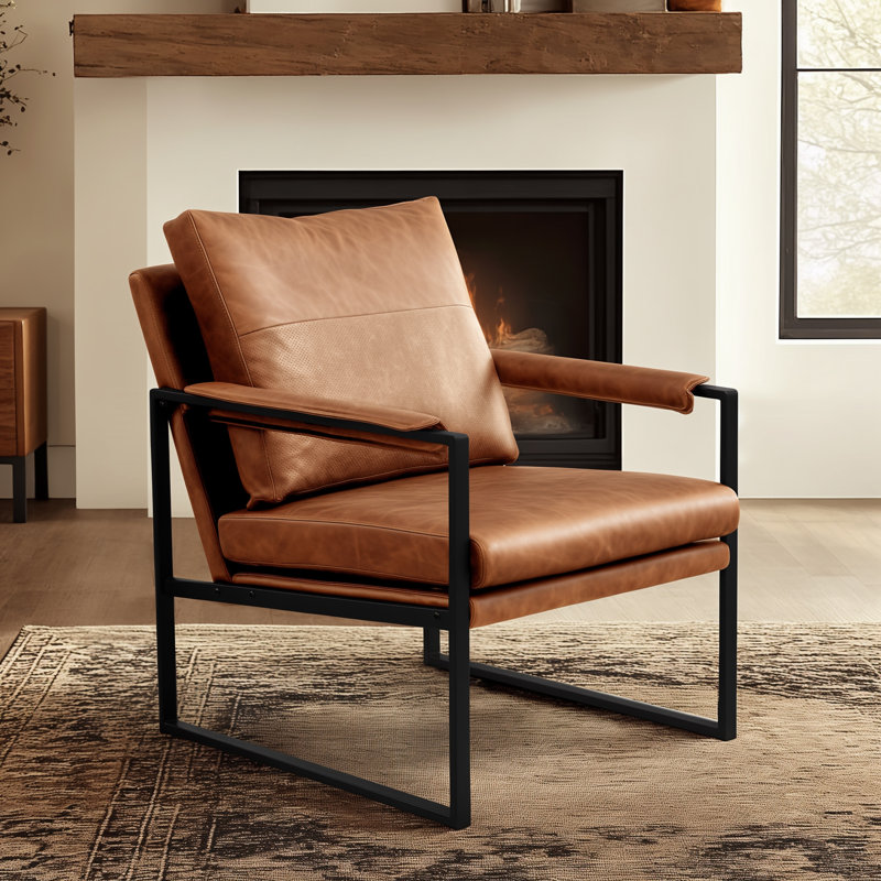26" Industrial Faux Leather Accent Chair with Metal Frame, Brown