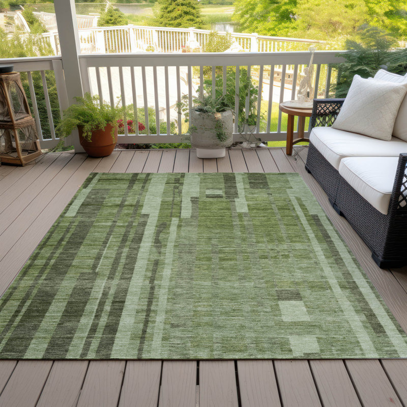 Green Striped Synthetic Washable Indoor/Outdoor Rug 2'6" x 3'10"