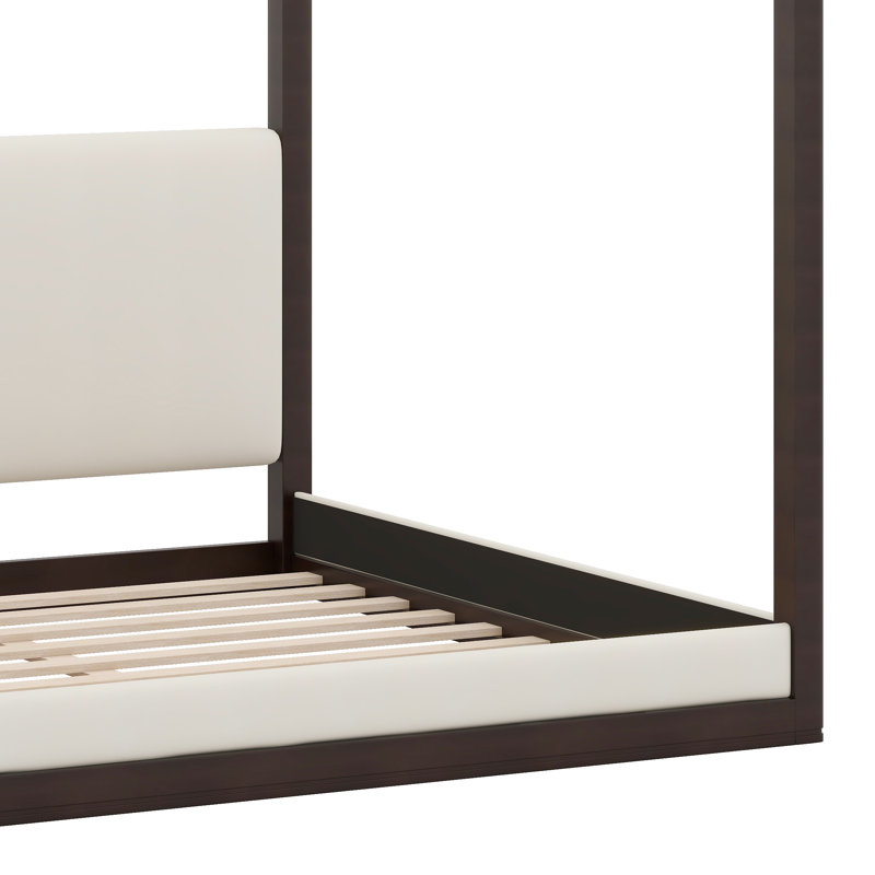 Base de lit à baldaquin en bois avec plateforme et tête de lit tapissier, lit plateforme moderne à quatre colonnes