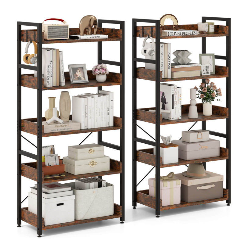 2 Pcs 5-tier Storage Rack With 4 Hooks Open Display Shelves Metal Frame Display