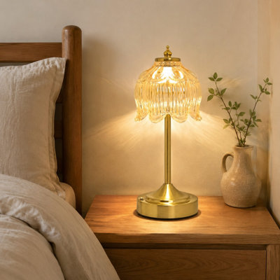 Rechargeable Cordless Table Lamp with an Amber Glass Lotus Flower Design