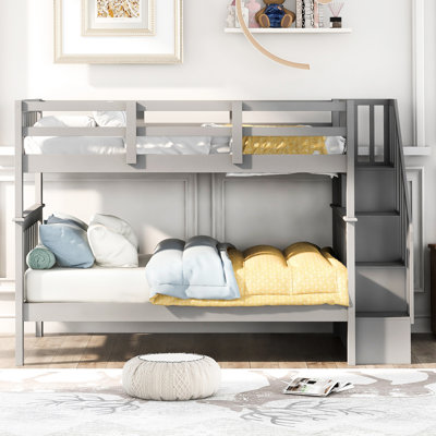 Gray Bunk Bed With Stairway Storage And Guard Rail. Bedroom, Dorm Essentials. Solid Wood Structure. Ample Capacity. Safe Stair Climb. Versatile Design Option. No Box Spring Required. 250lbs Upper,