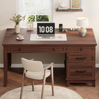 Executive Desk with Drawers, Farmhouse Home Office Desk with Charging Station, 53.54" Wooden Computer Desk with File Cabinet Storage for Work Study Writing