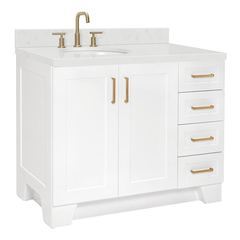 ARIEL Taylor 42.25 Single Sink Bathroom Vanity with Man-Made Stone Top-Oval, White, Oval, Left 