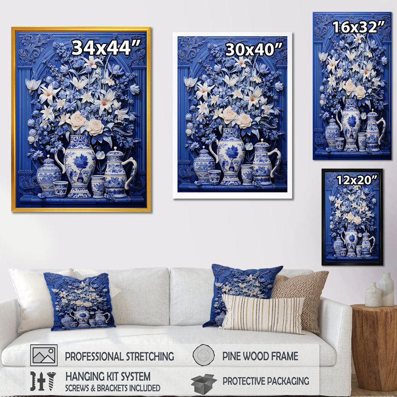 Bleu et blanc Boho Plant Pottery III - Boho Pottery, art mural, H 44 po x l 34 po x P 1,5 po, Cadre simple blanc