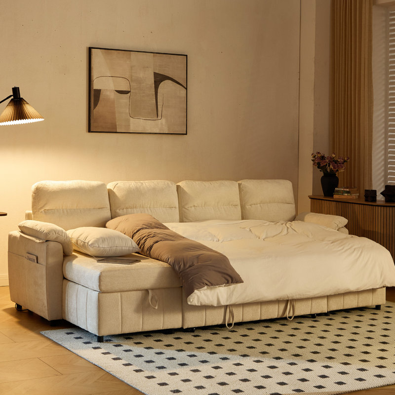 108.7" Upholstered U-Shaped Sectional Sofa Bed with Storage Pockets and USB Ports, White Chenille