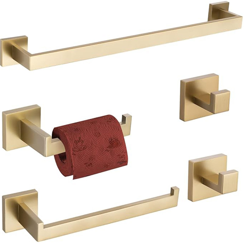 5-Piece Bath Hardware Set Bathroom Accessories Set With Towel Hooks Toilet Paper Holder And Towel Bar , Brushed Gold
